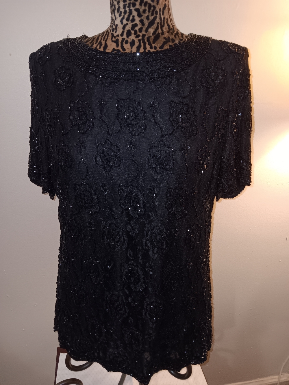 Black Beaded Short Sleeve Women's Top